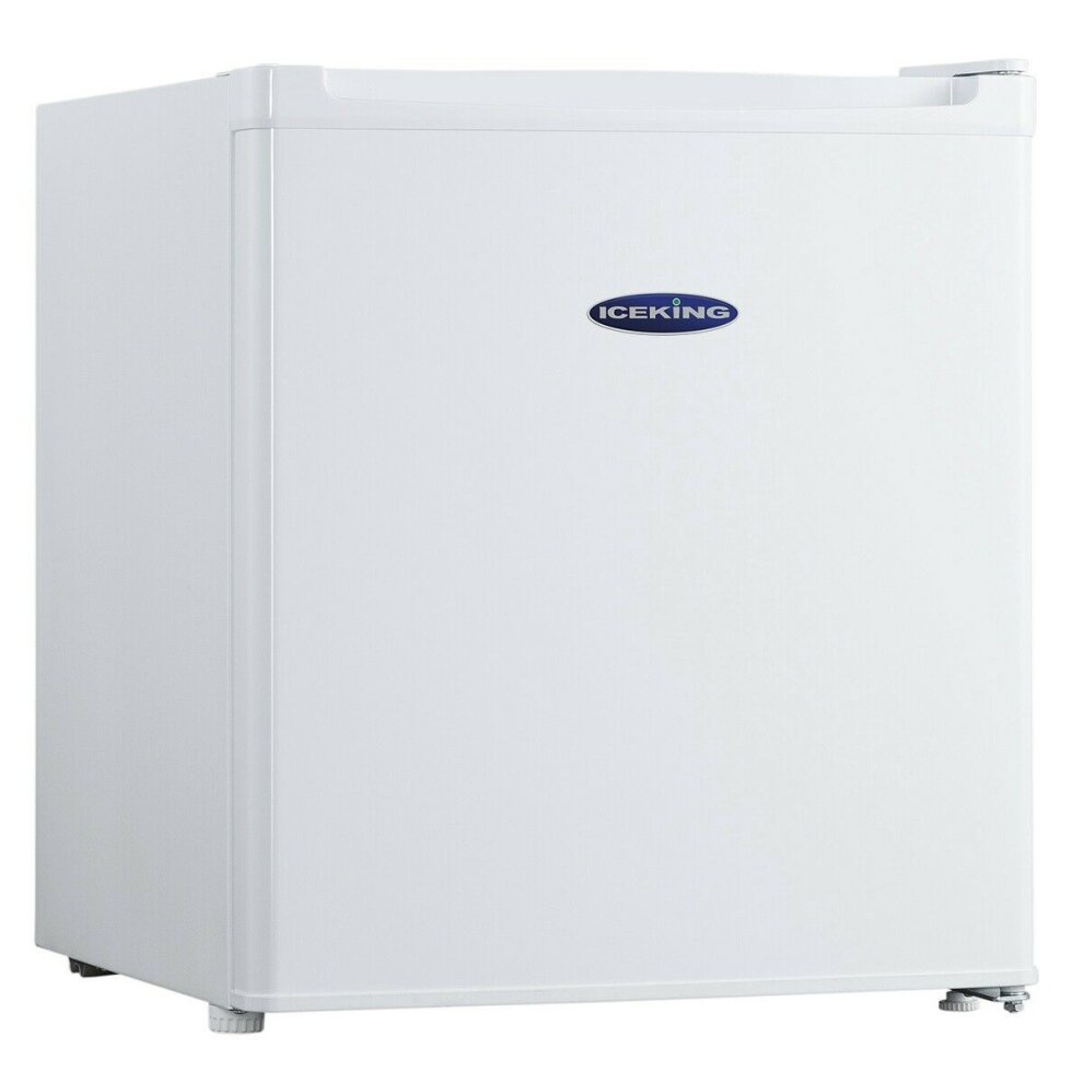 Compact white table top mini fridge with a 40L capacity, featuring a smooth finish, rounded edges, and the Iceking logo prominently displayed on the front.