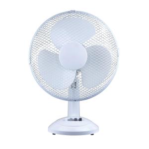 White 12-inch oscillating desk fan with three blades, a mesh guard, and a sturdy base, featuring tilt and lock adjustments for directional airflow.