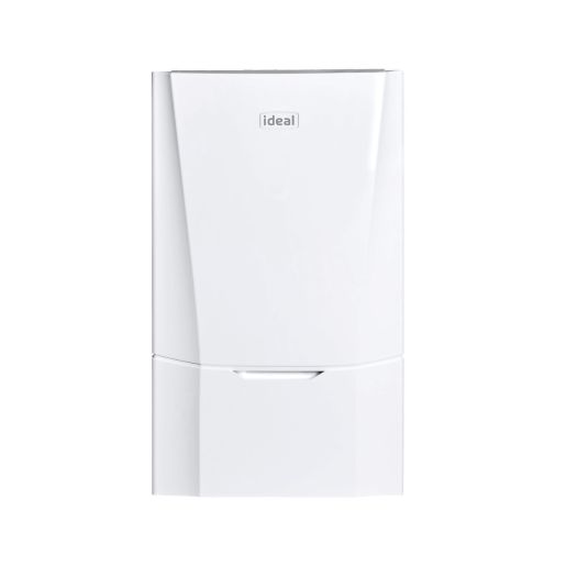 White, sleek gas boiler with a modern design, featuring a smooth front panel, Ideal logo, and a compact size suitable for wall installation.