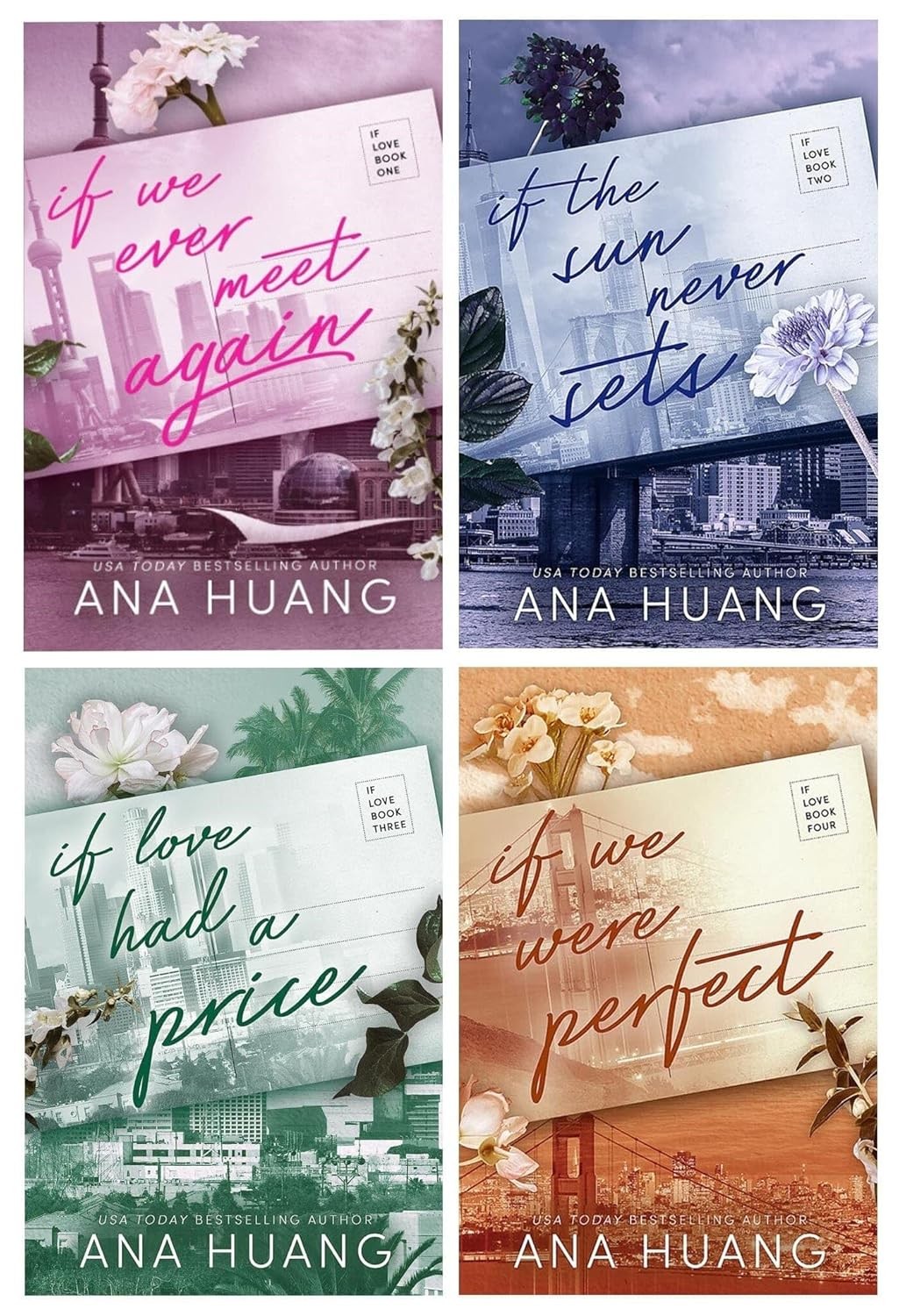 Four colorful book covers from the "If Love Series" by Ana Huang, featuring floral designs and titles in bold, stylized fonts: pink, purple, and blue hues dominate the covers.