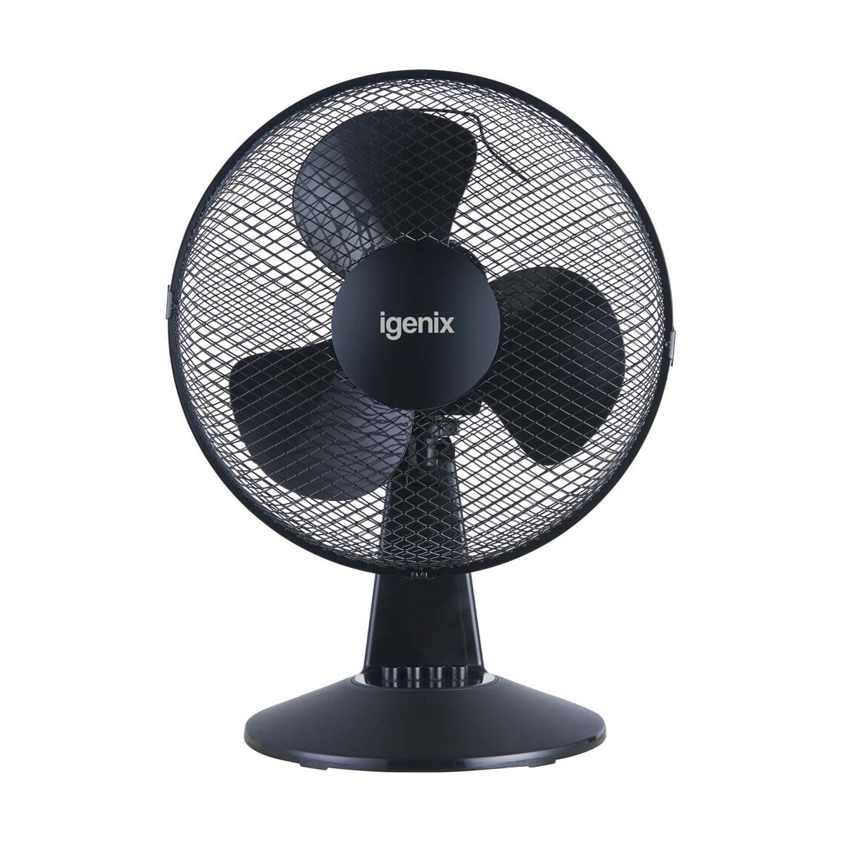 Black Igenix DF1210BL 12-inch desk fan featuring three black blades, a sturdy round base, and a protective mesh grille for safety.