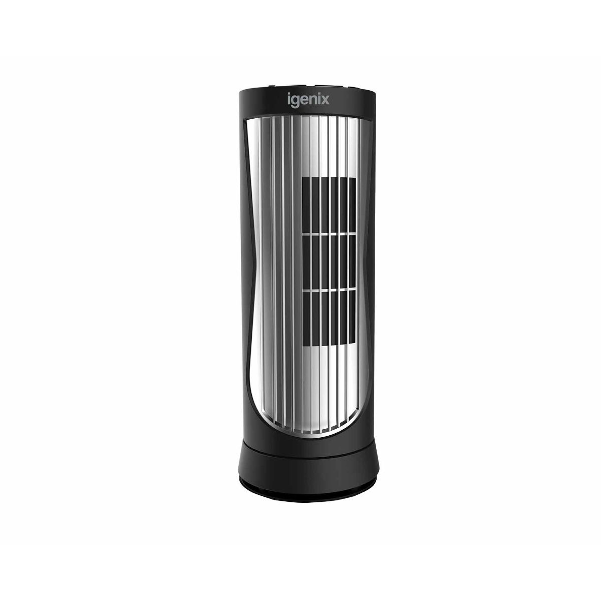 Portable tower fan in black and silver with a sleek design, featuring vertical slats for airflow and a round base for stability.