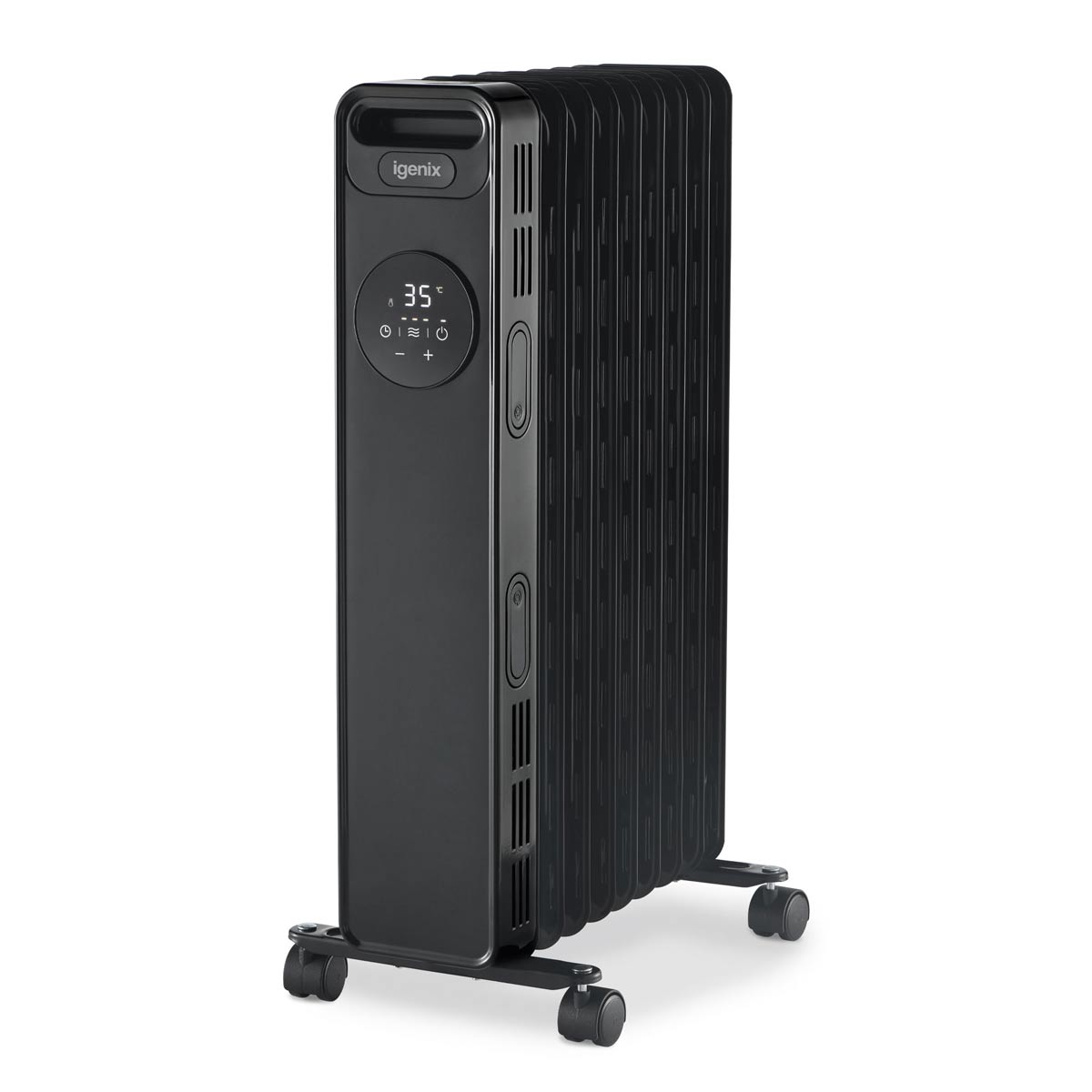 Black Igenix 2000W digital oil-filled radiator with a sleek design, featuring a digital display, temperature controls, and a built-in timer, mounted on wheels for easy mobility.