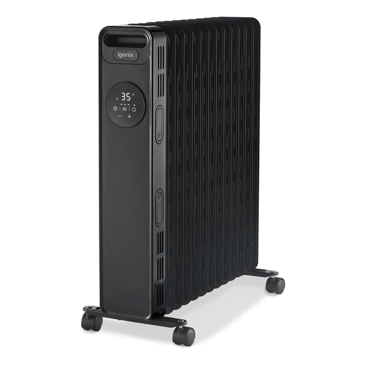 Digital oil-filled radiator in black with a sleek design, featuring a control panel with a digital display, timer function, and wheels for easy mobility.