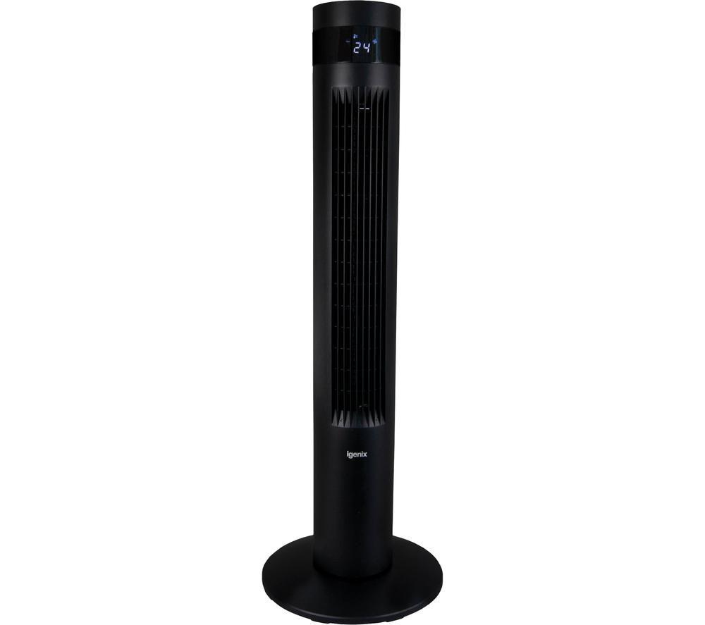 Digital tower fan in sleek black, standing 35 inches tall, featuring a digital display showing temperature and multiple airflow settings with a modern, minimalist design.