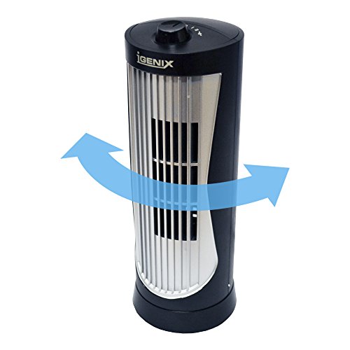 Black 12-inch mini tower fan with a sleek design, featuring vertical slats for airflow, a top control knob, and a compact base for easy placement.