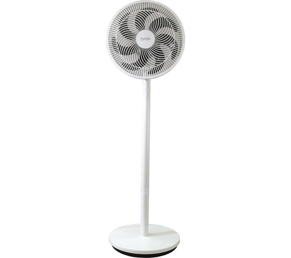 White Igenix IGFP012W pedestal fan with a 12-inch diameter, featuring 7 blades, a sleek design, and three speed settings on a sturdy round base.