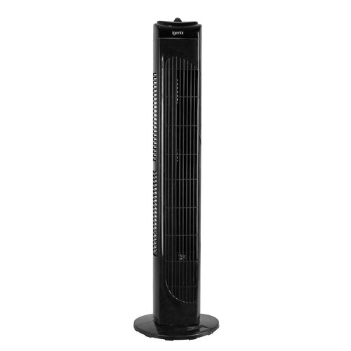 Tall black oscillating tower fan with a sleek design, featuring vertical slats for airflow, a sturdy circular base, and the Igenix logo at the top.