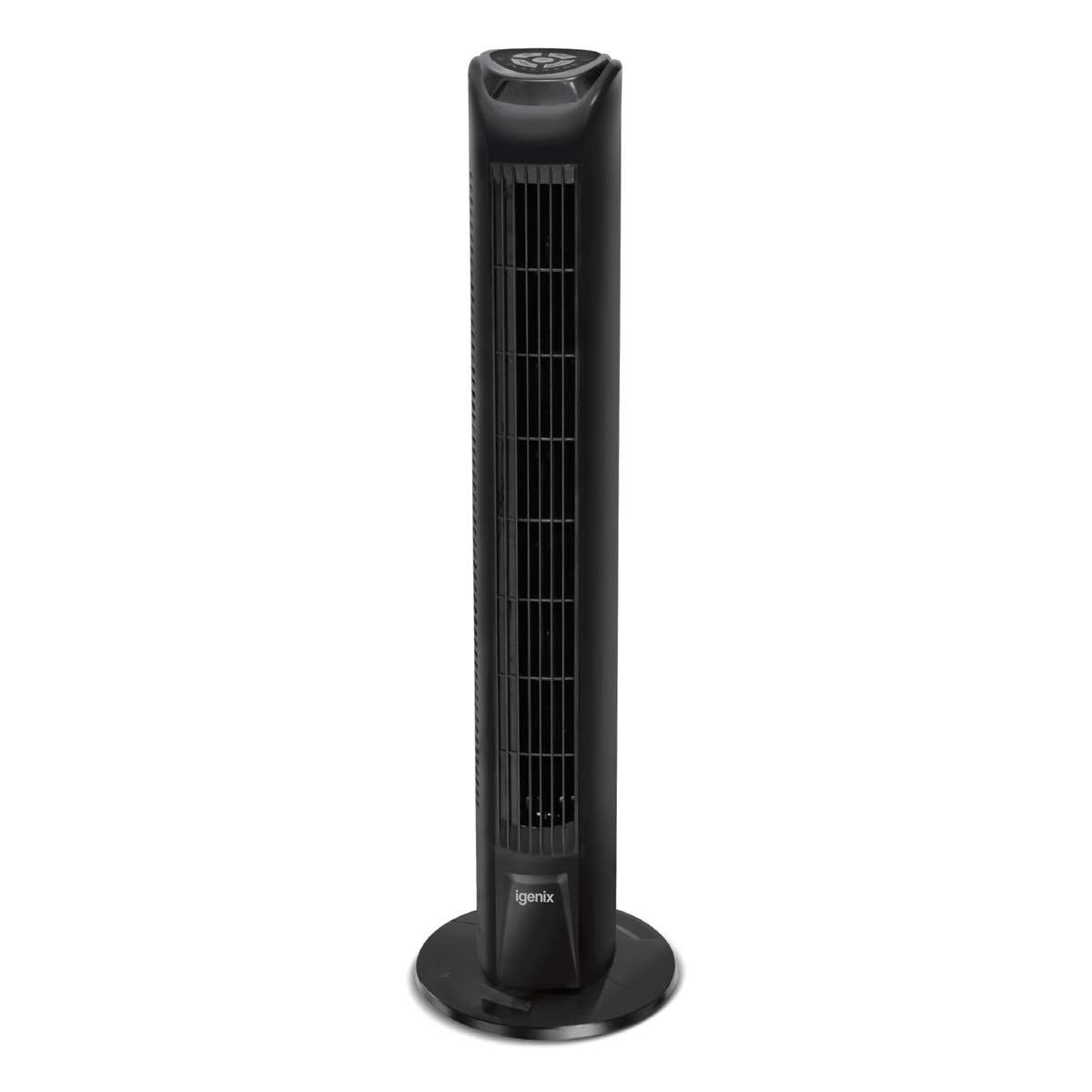 Tall black tower fan with a sleek design, featuring a grid front, control panel at the top, and a sturdy circular base; includes a 7.5-hour timer for convenience.
