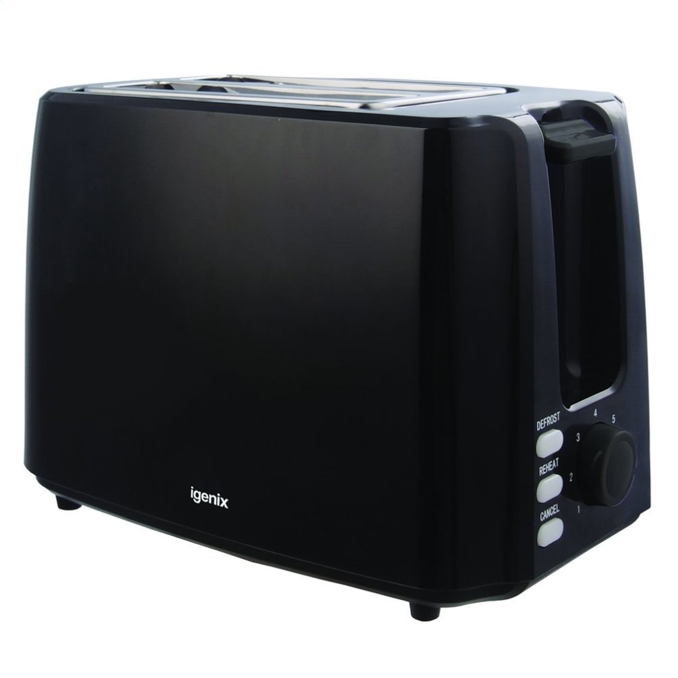 Black Igenix IG3012 2-slice toaster featuring deep slots, adjustable browning control, removable crumb tray, and defrost/reheat functions.