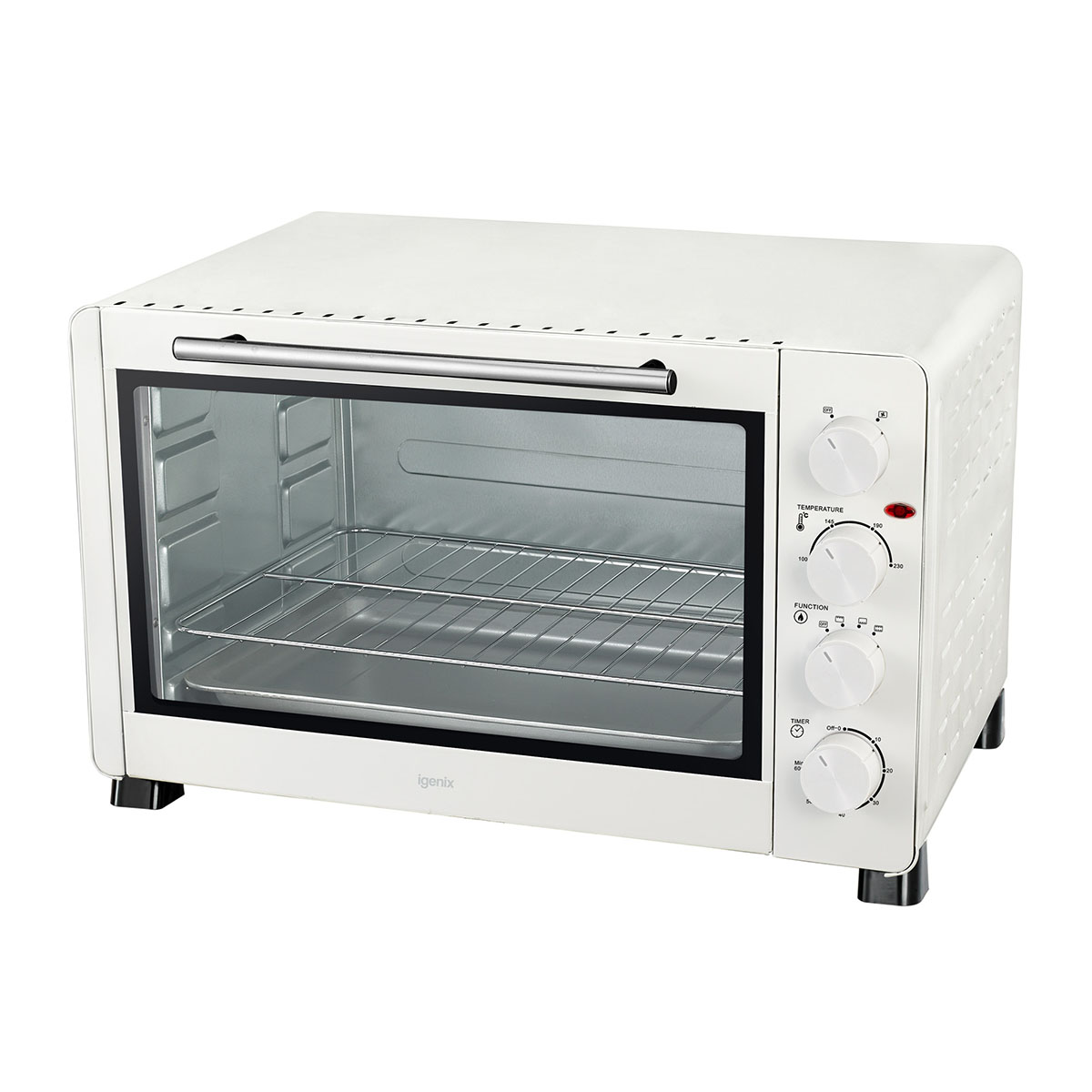 White Igenix electric mini oven with a 60L capacity, featuring a glass door, metal knobs, and a stainless steel interior, set on black feet for stability.