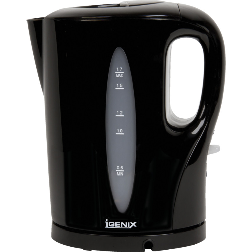 Black plastic cordless kettle with a 1.7L capacity, 2200W power, and a clear water level indicator on the side, featuring a comfortable handle and a sleek design.