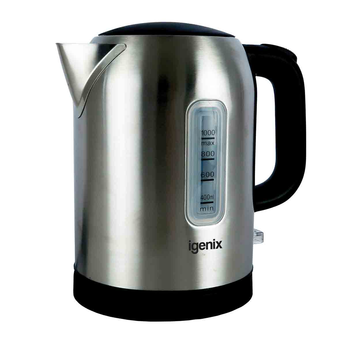 Cordless stainless steel kettle with a black handle and lid, featuring a clear water level indicator and a sleek, modern design.