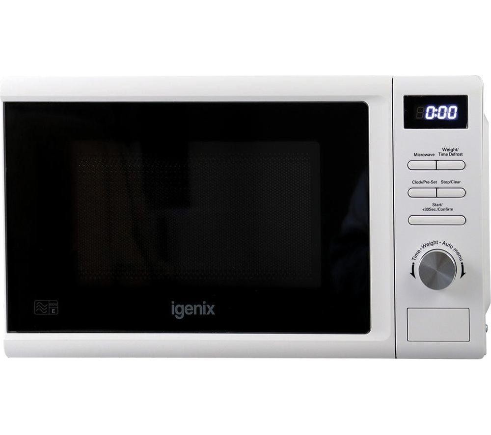 White Igenix 20L digital microwave with an 800W power rating, featuring a sleek black glass door, digital display, and control panel with buttons and a dial.