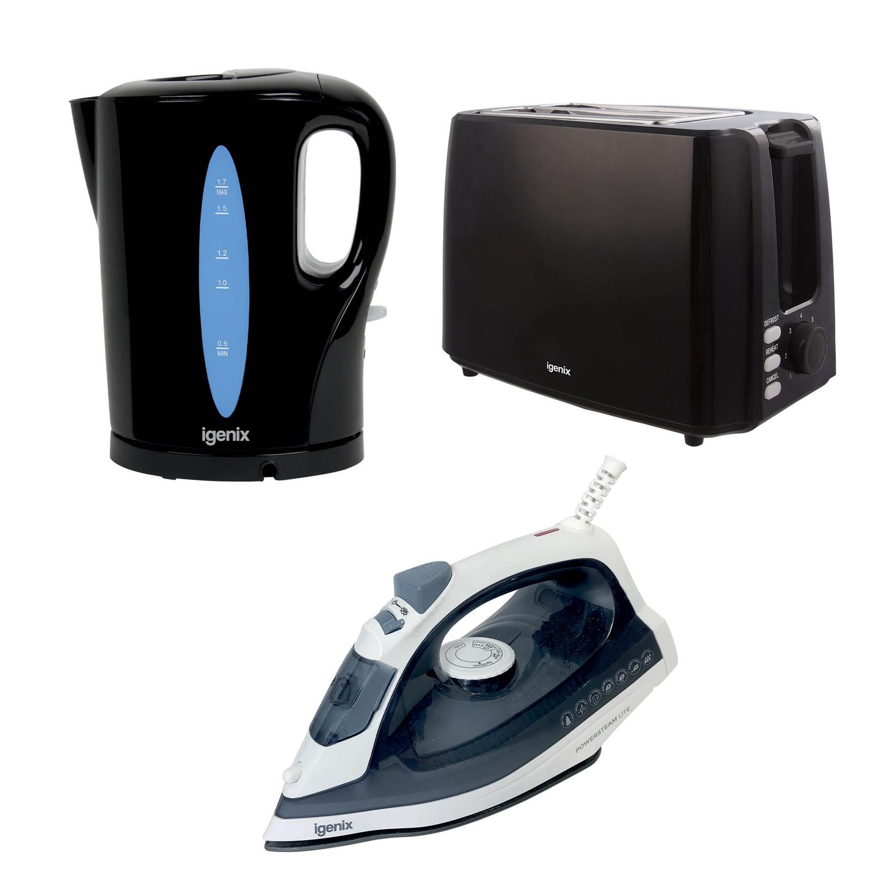 Black Igenix 1.7L kettle with blue water level indicator, sleek black 2-slice toaster, and a silver and blue steam iron with a transparent water tank.