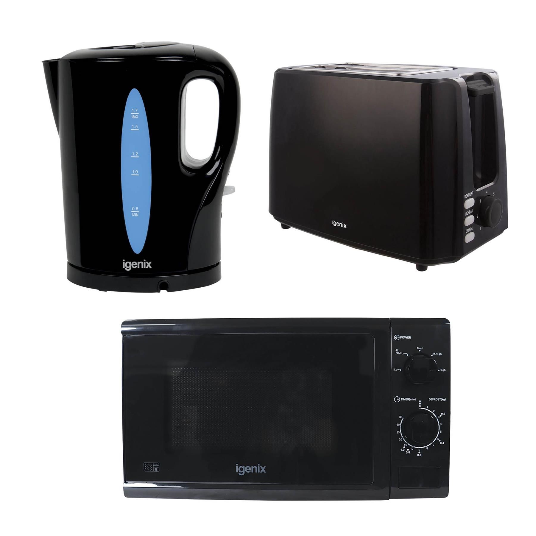 Black Igenix 1.7L kettle with a blue water level indicator, a black 2-slice toaster with a dial, and a black microwave with control knobs, all featuring a sleek, modern design.
