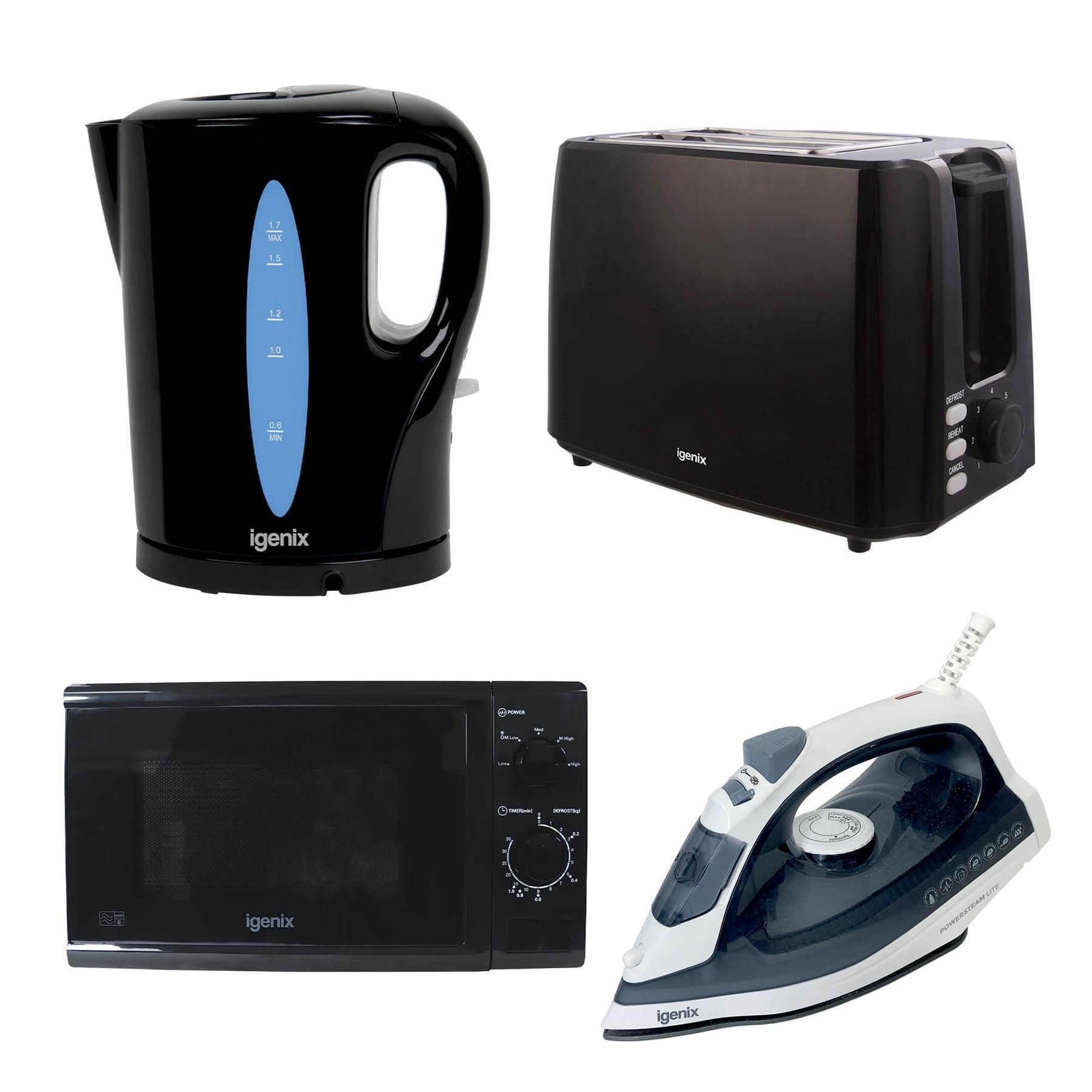 Black electric kettle with blue accents, black toaster, black microwave with control panel, and a blue and white steam iron, all featuring the Igenix logo.