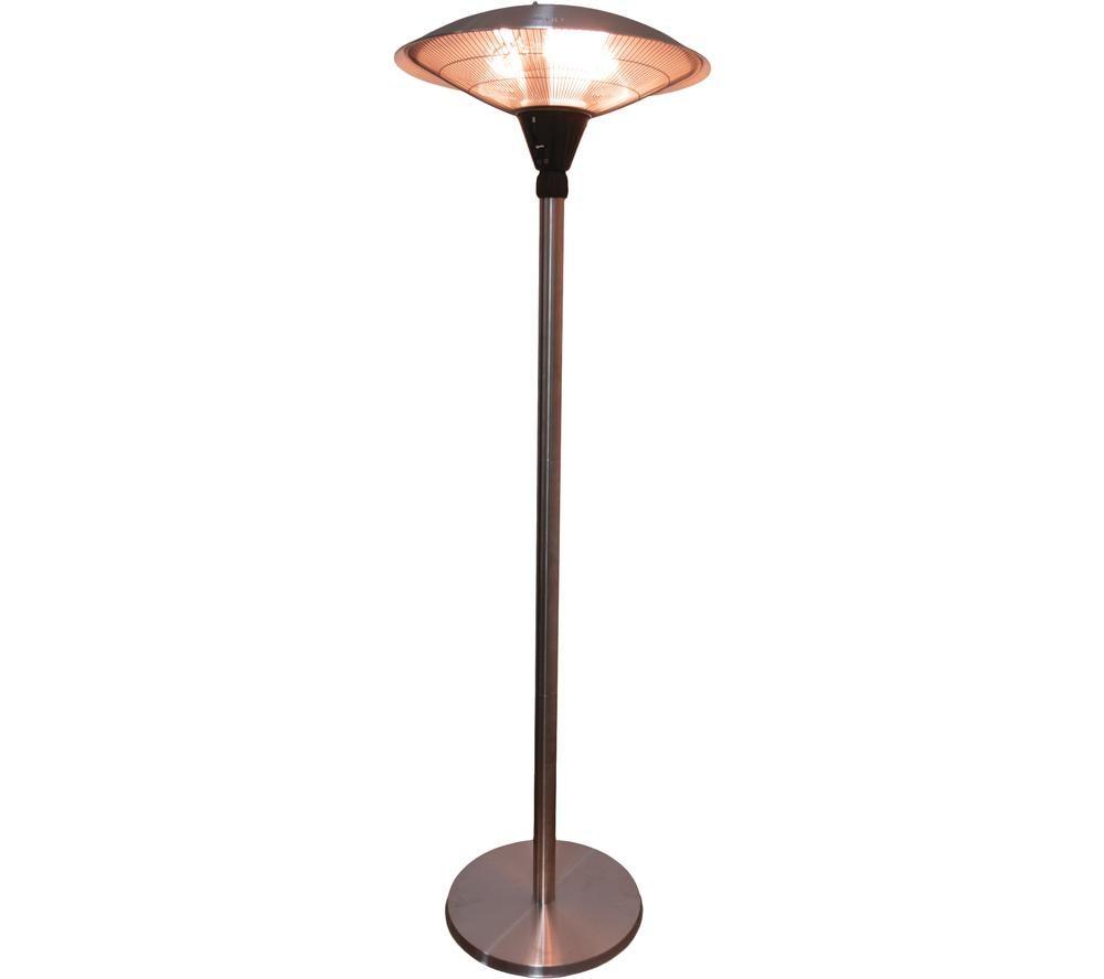 Portable umbrella patio heater in silver stainless steel, featuring a sleek design, a wide circular base, and a large, open top for heat distribution.