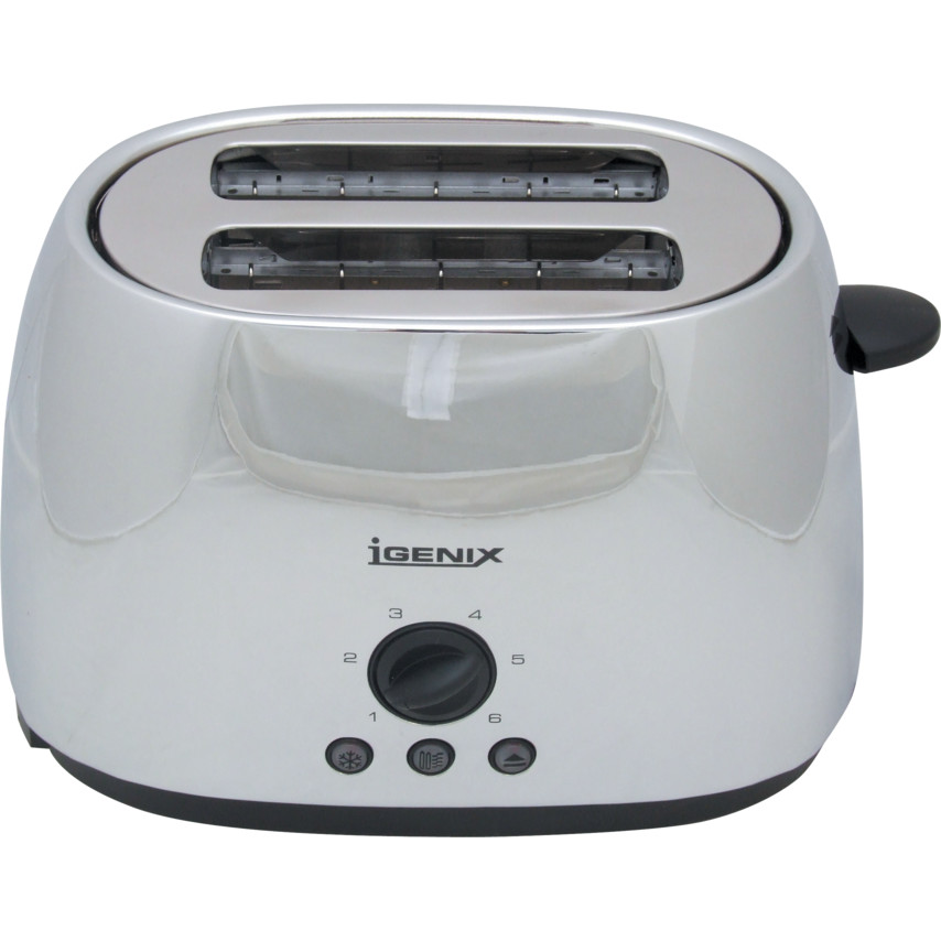 Stainless steel toaster with a sleek silver finish, featuring two slots, a control dial with five settings, and a crumb tray for easy cleaning.