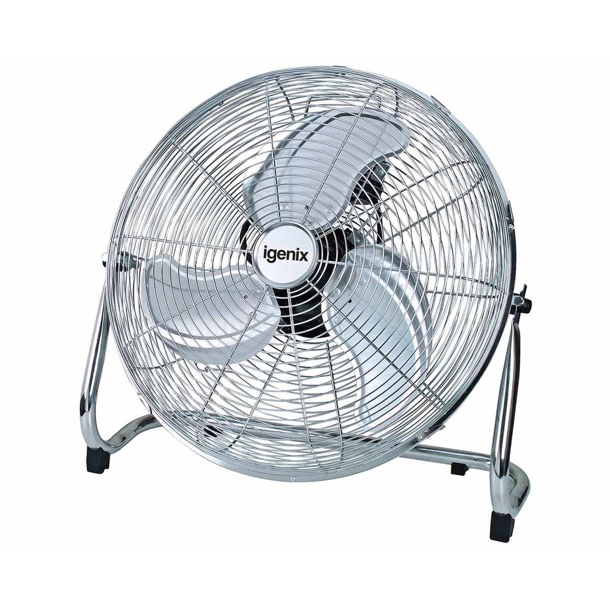 Silver metal desk fan with a circular design, featuring three white blades, a sturdy base, and a central Igenix logo.