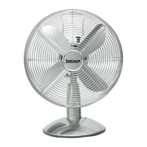Portable 12" desk fan in silver with a metallic base, featuring a protective wire grille and four blades for efficient airflow.