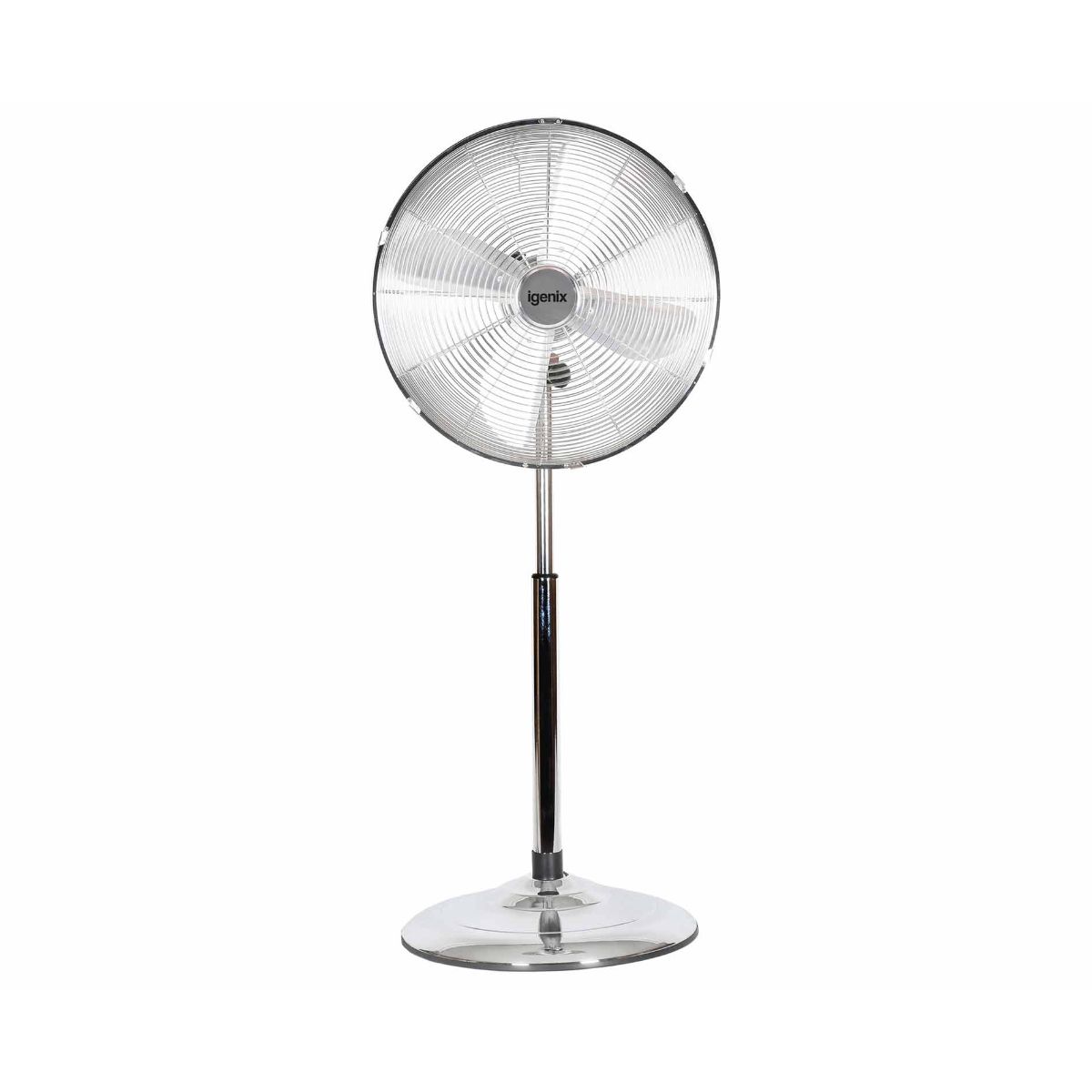 16-inch chrome pedestal fan with a sleek design, featuring a circular metal grille, three speed settings, and a sturdy transparent base for stability.