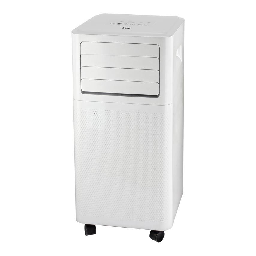 White Igenix 9000 BTU 3-in-1 portable air conditioner with a sleek design, control panel on top, three air vents, and rolling casters for easy mobility.