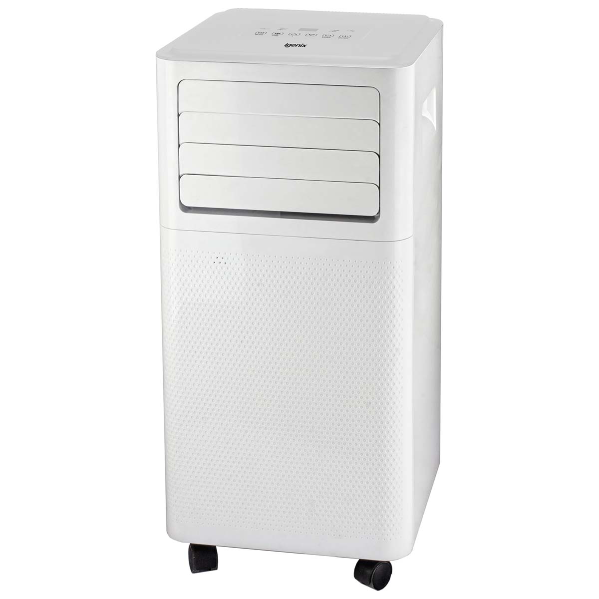 White, portable air conditioner with a sleek design, featuring three adjustable vents, a digital control panel on top, and rolling wheels for easy mobility.