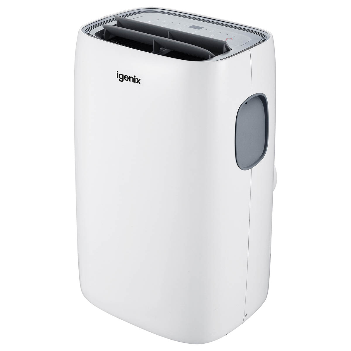 White Igenix 12000 BTU 4-in-1 portable air conditioner with a sleek design, featuring a digital control panel and vents at the top for airflow.