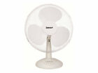 White 12-inch portable desk fan with a sturdy base, three speed settings, and a round grille design, ideal for personal cooling in various settings.