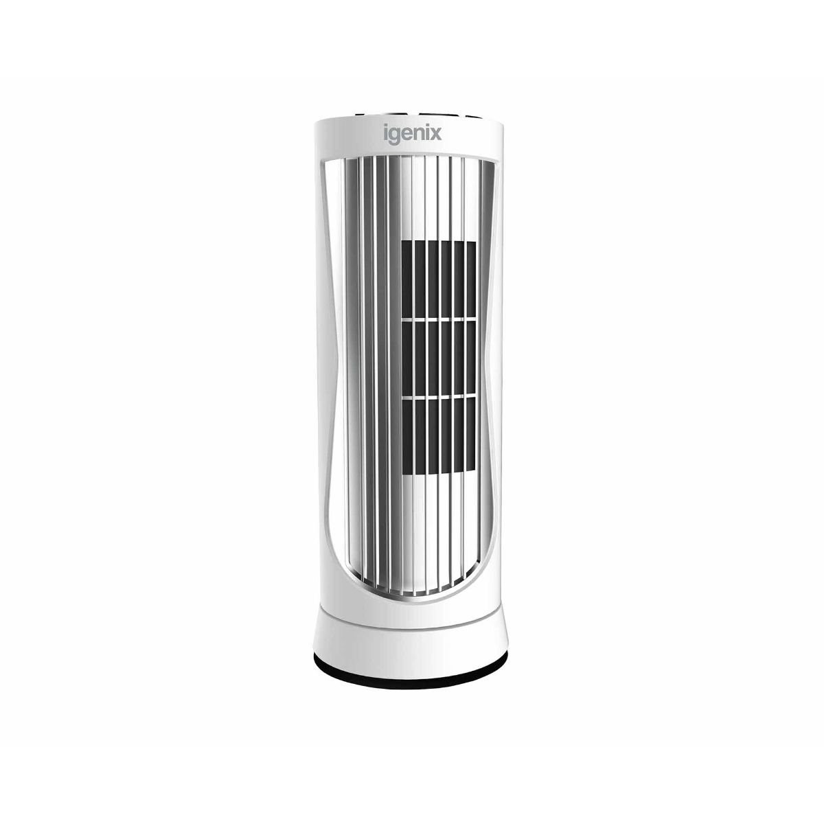 White digital mini tower fan with a sleek design, featuring three speed settings, oscillation, an 8-hour timer, and a quiet operation, ideal for desktops and bedrooms.