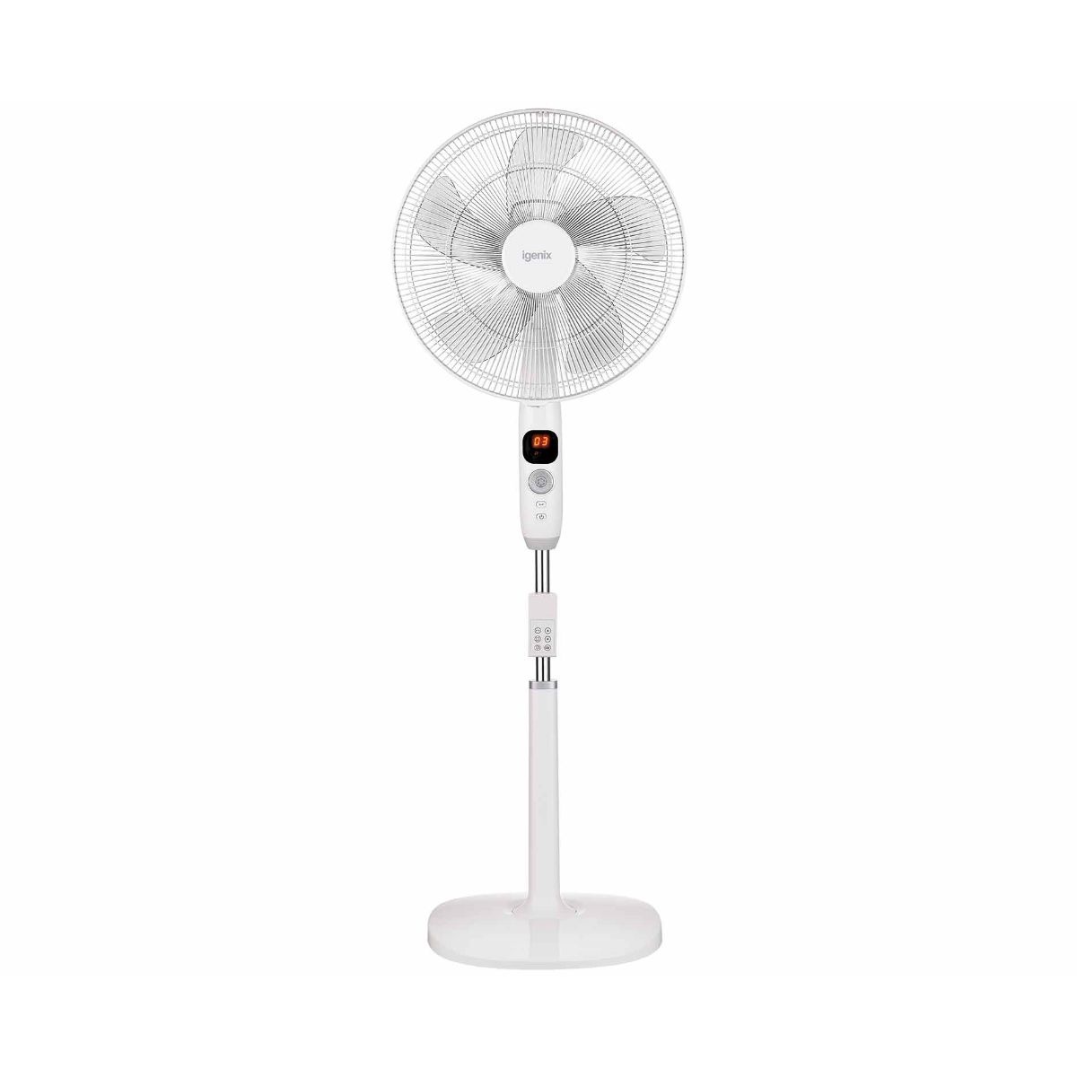 White Igenix 16-inch digital pedestal fan with a sleek design, featuring a remote control, timer function, and adjustable height on a sturdy round base.