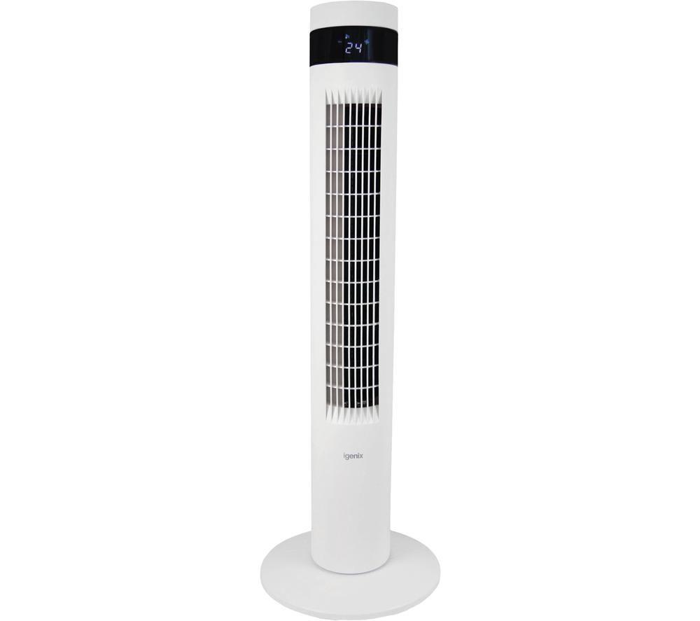 White portable tower fan with a sleek design, digital display showing temperature, and a sturdy circular base, featuring vertical slats for airflow.