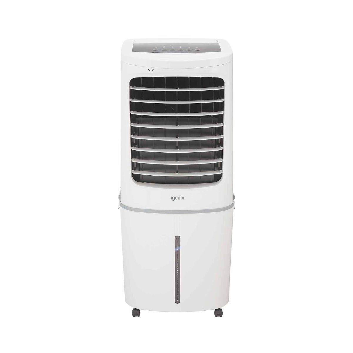 White Igenix IG9750 air cooler with a grid front, adjustable vents, digital control panel, and four caster wheels for mobility.