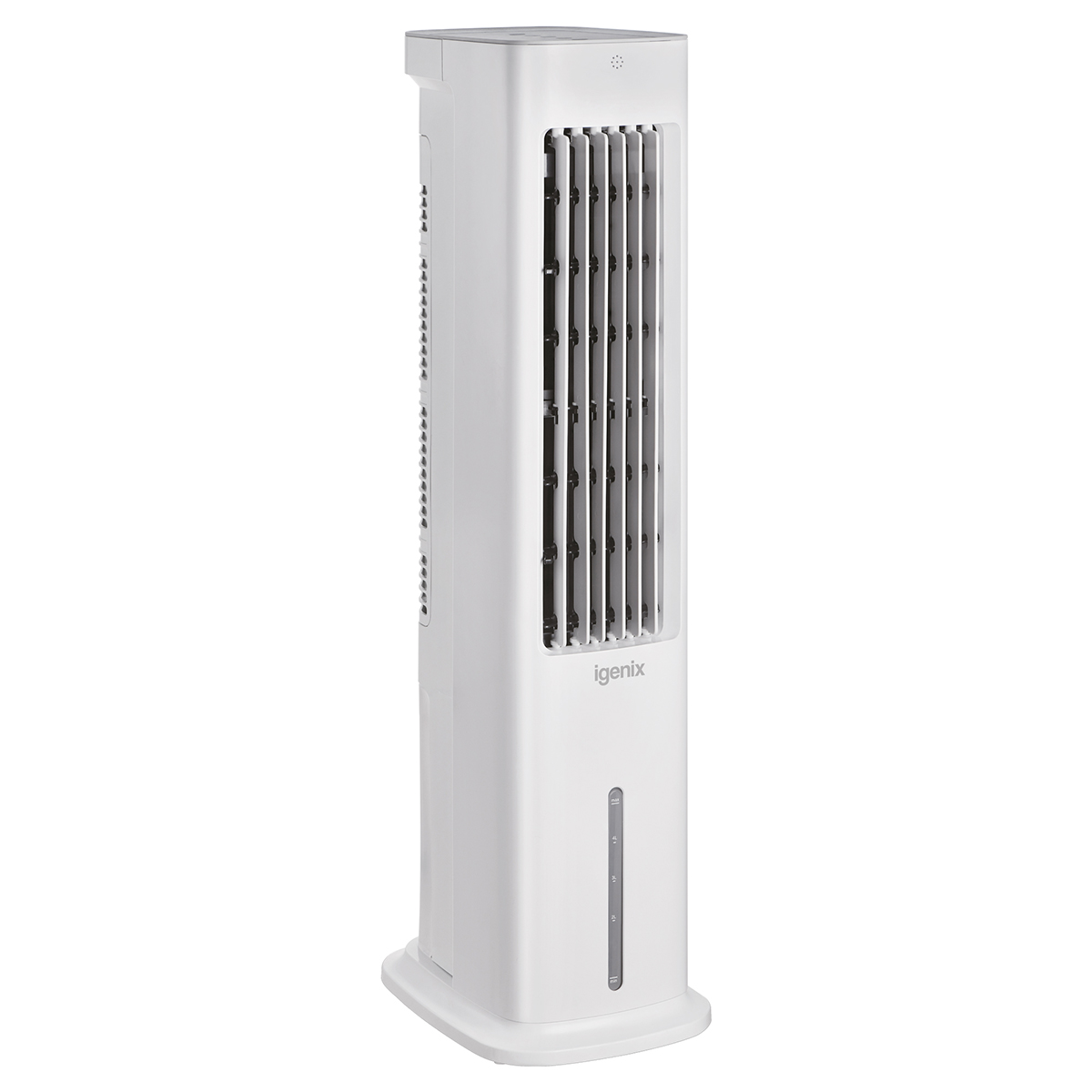 Tall white evaporative air cooler with a sleek design, featuring vertical slats for airflow, a remote control, and a 5-litre water tank for enhanced cooling efficiency.
