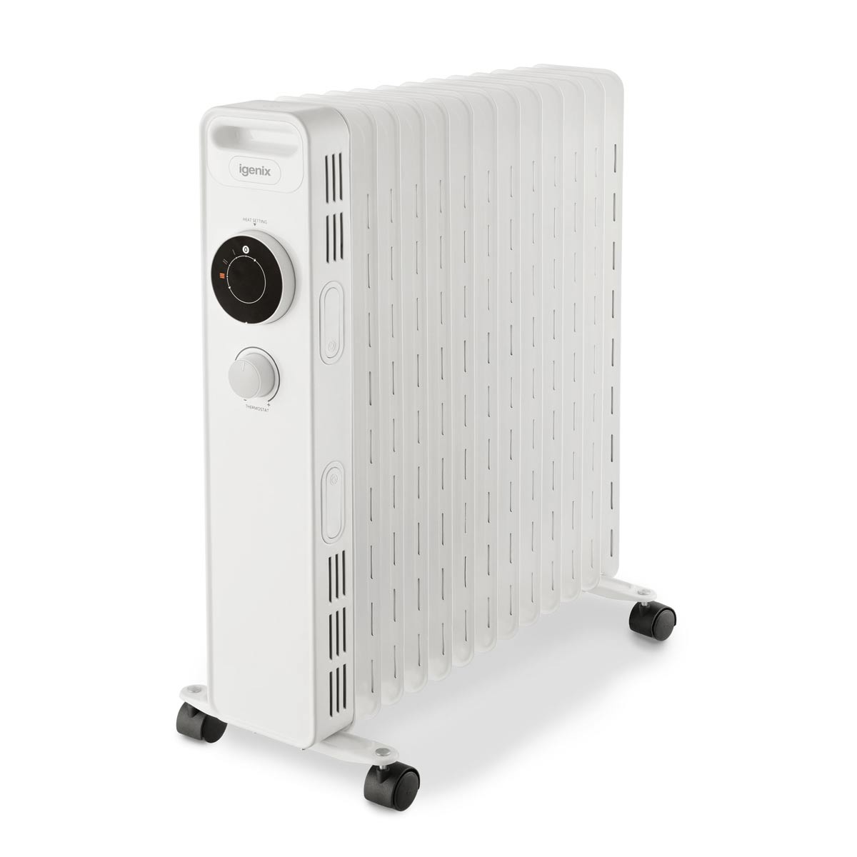 White oil-filled radiator with a sleek design, featuring a temperature dial, overheat protection, and rolling wheels for easy mobility.