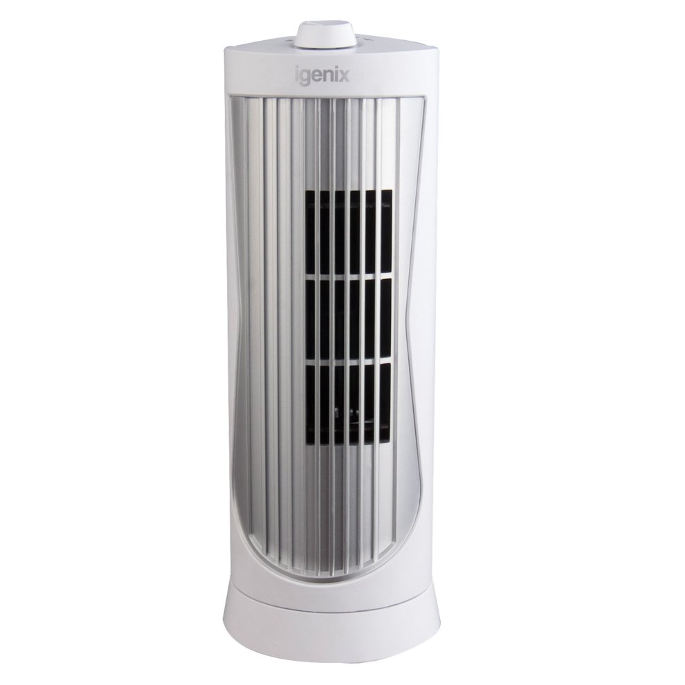 Portable tower fan in white and silver with a sleek design, featuring vertical slats for airflow, a rounded base, and the Igenix logo on top.