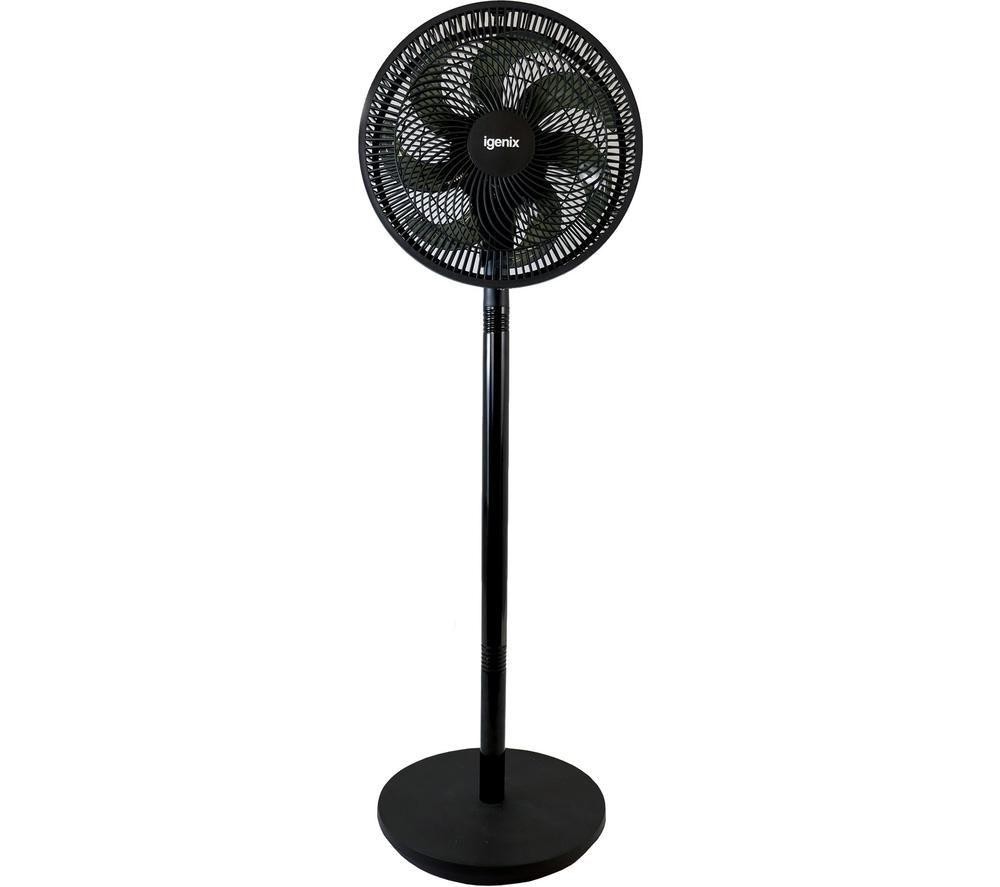 Black Igenix IGFP012B pedestal fan with a 12-inch diameter, featuring 7 blades, a sturdy base, and three speed settings for adjustable airflow.