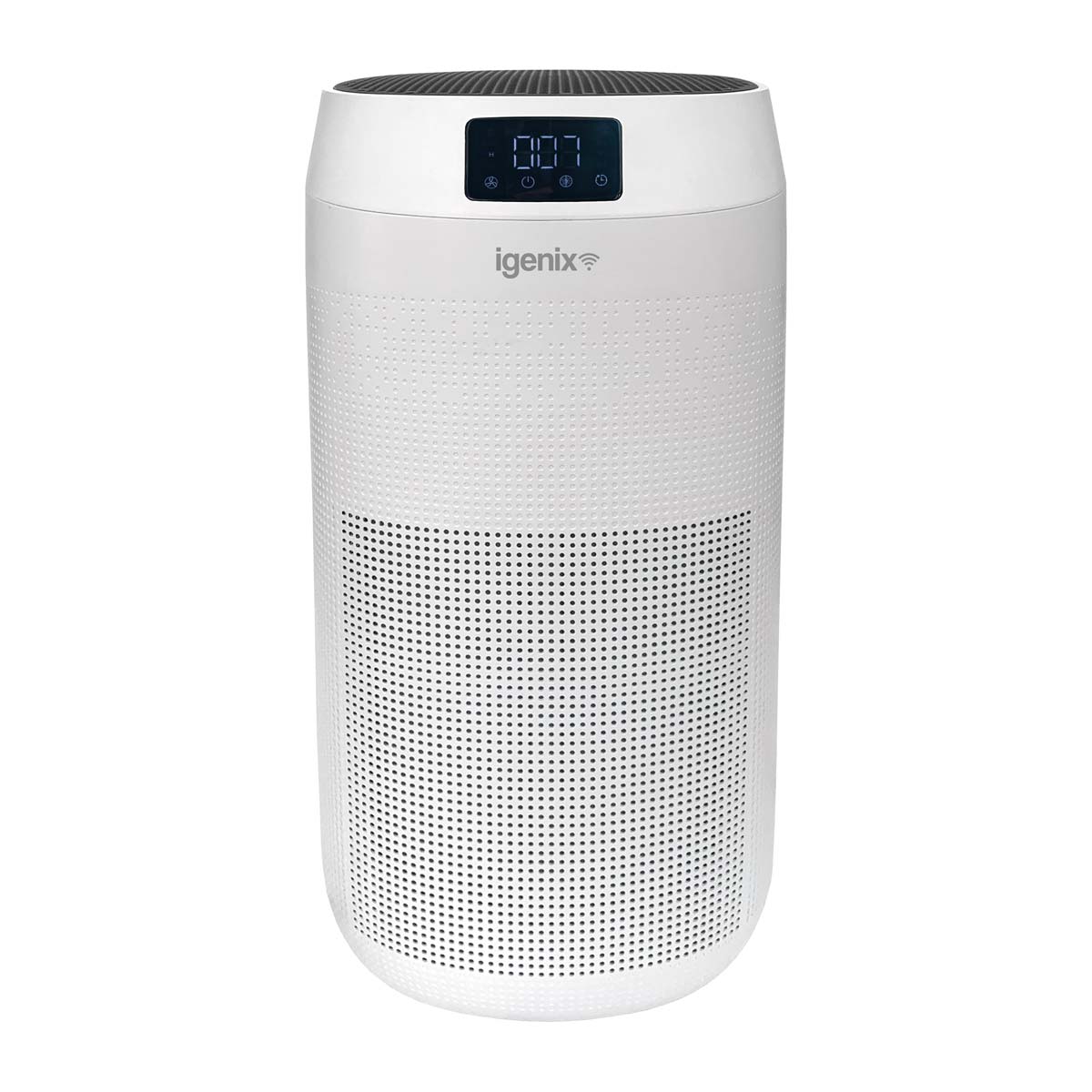 White cylindrical air purifier with a digital display on top, featuring perforated design, and smart capabilities compatible with Amazon Alexa and Google Assistant.