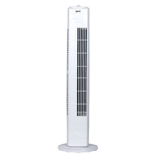 White Igenix DF0029 pedestal fan features a tall, slim design with a sturdy circular base, vertical slats for airflow, and simple control buttons on the front.