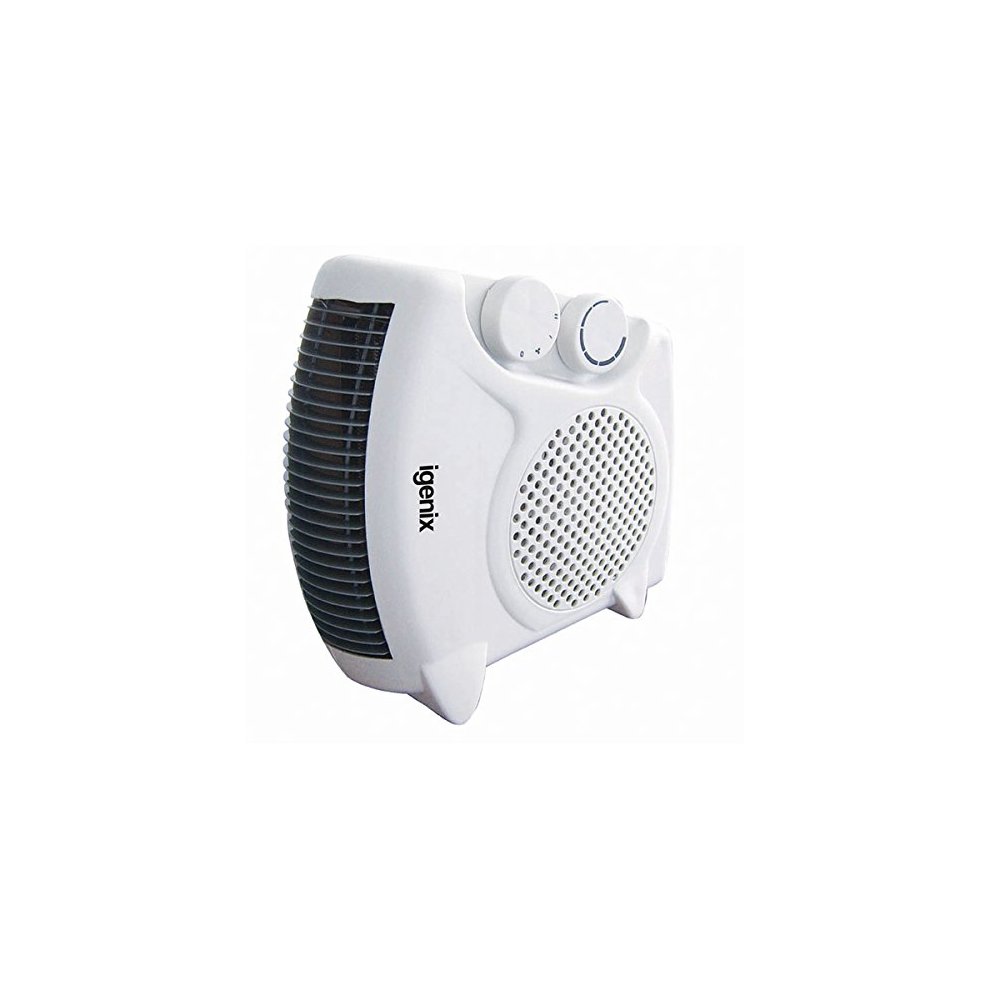 Upright white Igenix fan heater with a textured front grille, two control knobs on top, and a compact design, rated at 2000 watts for efficient heating.