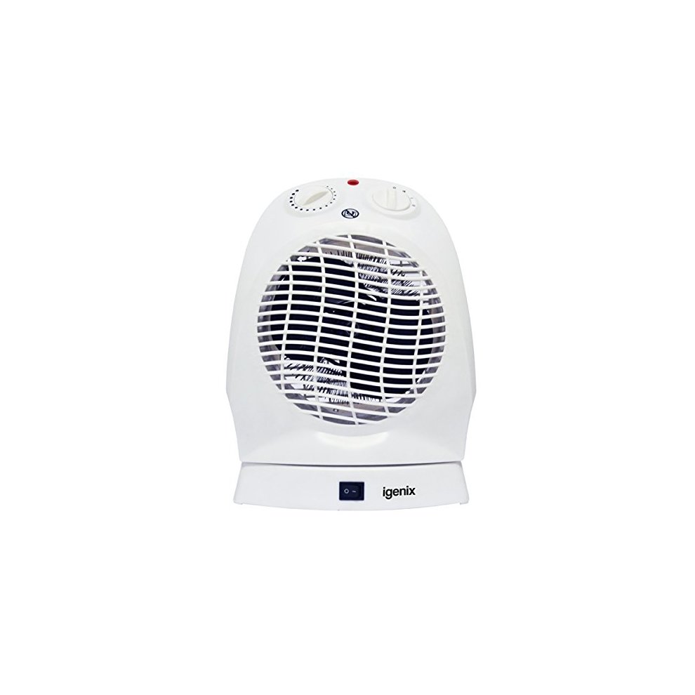 White upright oscillating fan heater with a circular grill, two control knobs on top, and a power indicator light, measuring 18 x 29.2 x 22 cm.