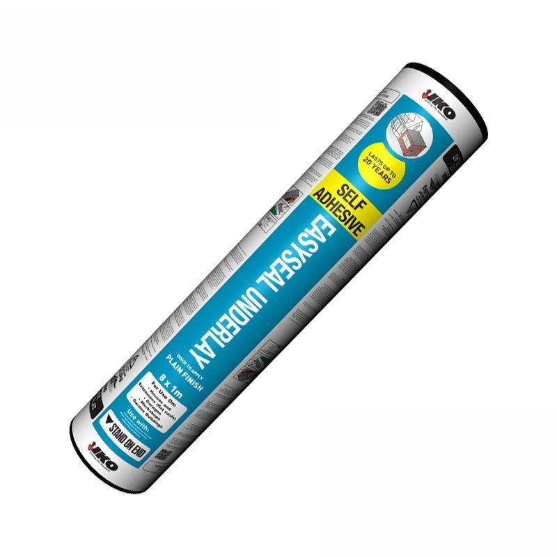 Black roll of IKO Easyseal Underlay, 8m long, featuring a blue and white label with product details, highlighting its self-adhesive and waterproof properties.