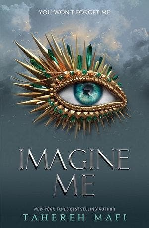 A striking book cover featuring an ornate golden eye with emerald accents, set against a gradient blue-gray background, with the title "Imagine Me" prominently displayed.
