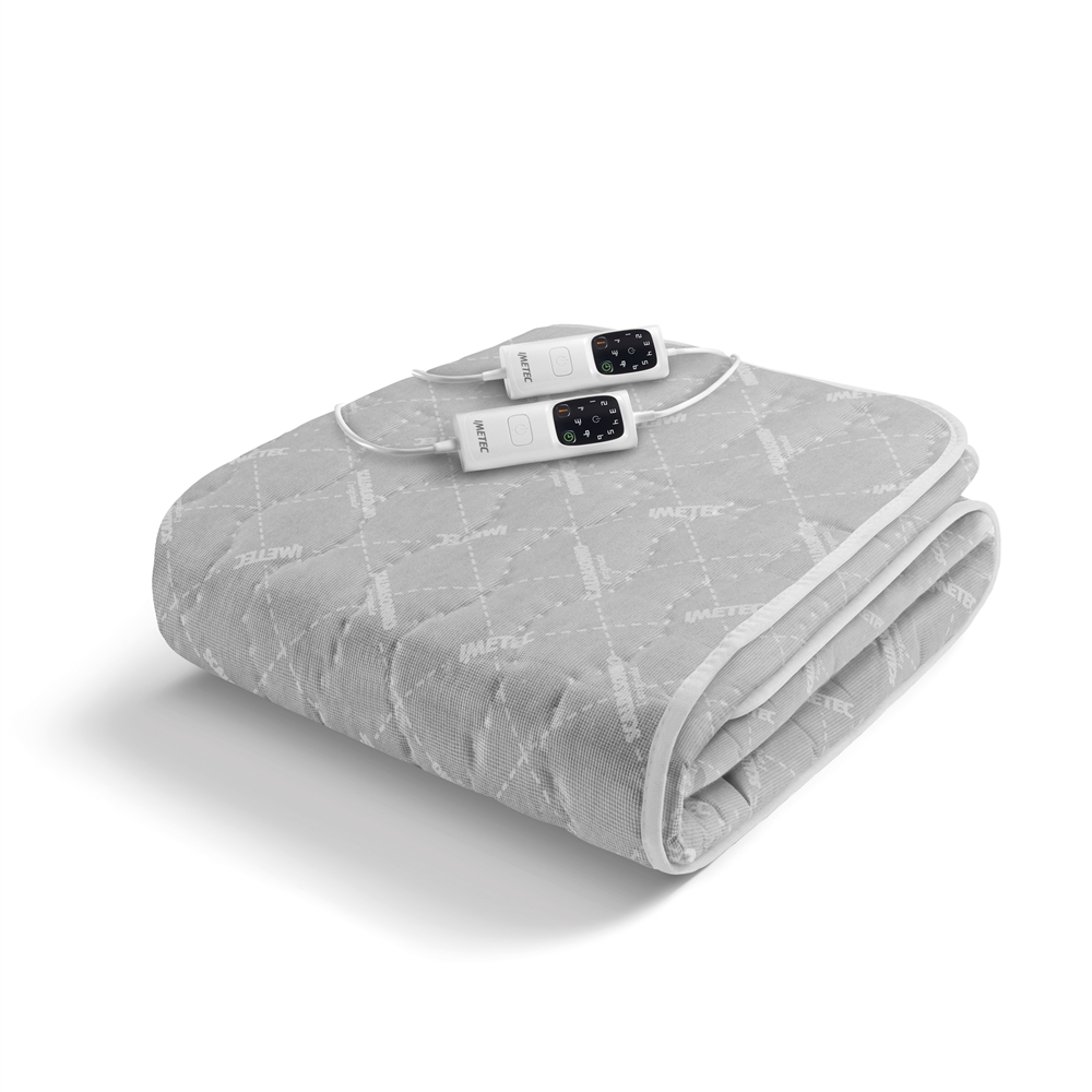 Gray, quilted electric under blanket with a soft texture, featuring dual controllers for adjustable heat settings, neatly folded and displaying the Imetec logo.