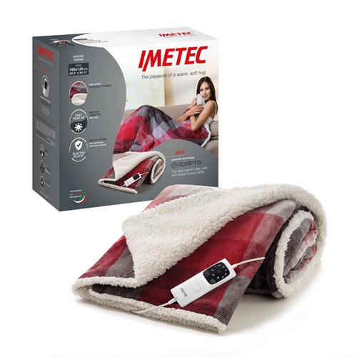 Tartan-patterned throw blanket in red and white, featuring a soft sherpa lining and a remote control for adjustable heat settings, neatly rolled beside its packaging.