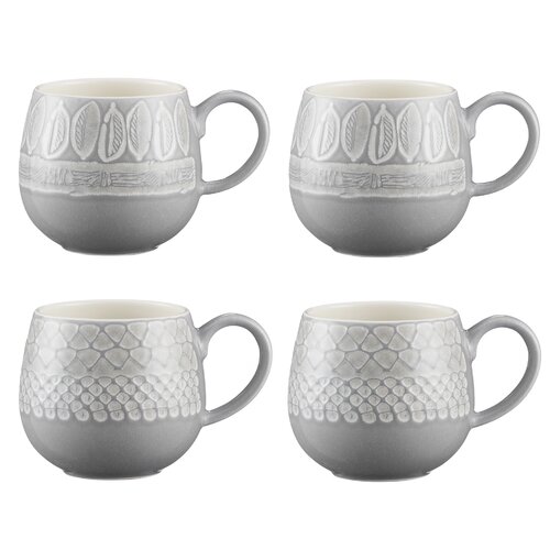 Set of four grey ceramic mugs, each with unique textured patterns and a smooth interior, holding 350ml, showcasing a stylish and modern design.