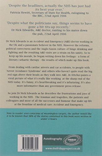 The back cover of "In Stitches" features a white background with black text, including quotes and author details, alongside a small logo at the bottom.