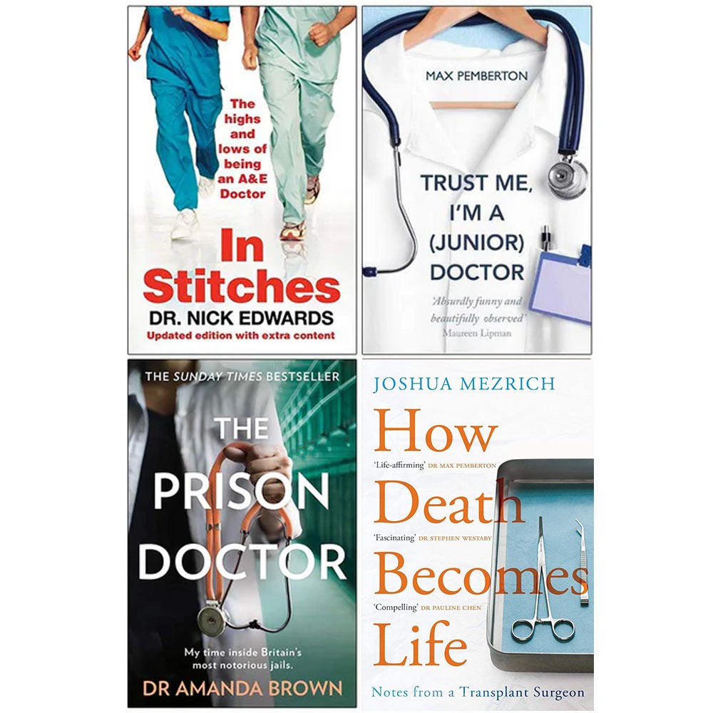 Four-book collection featuring "In Stitches," "Trust Me, I'm a (Junior) Doctor," "The Prison Doctor," and "How Death Becomes Life," with colorful covers and medical themes.
