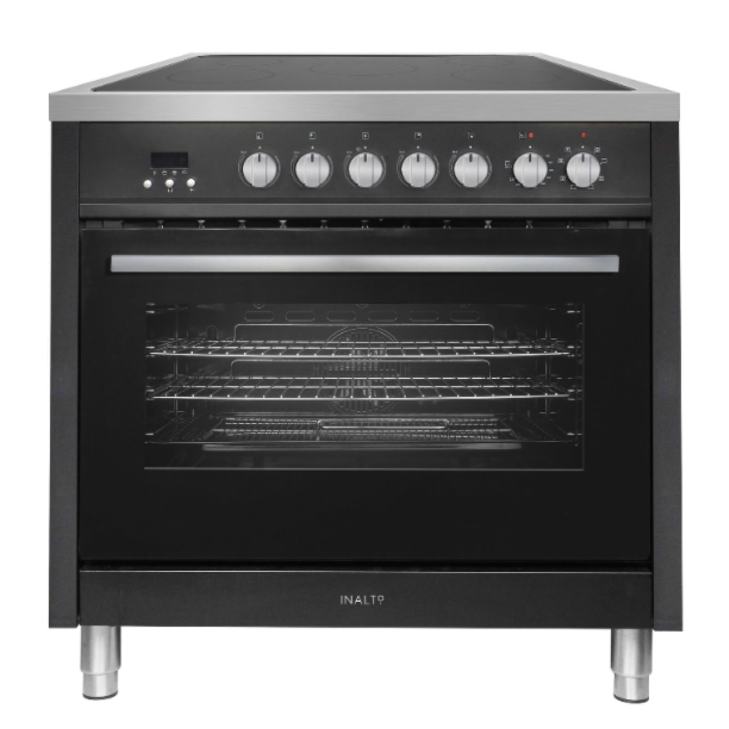 90cm black electric range cooker by Inalto featuring a sleek stainless steel trim, multiple control knobs, and a large transparent oven door with a wire rack inside.